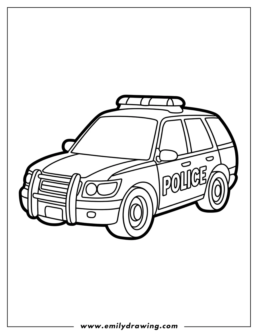 Line art of a police car with a push bar and siren lights.