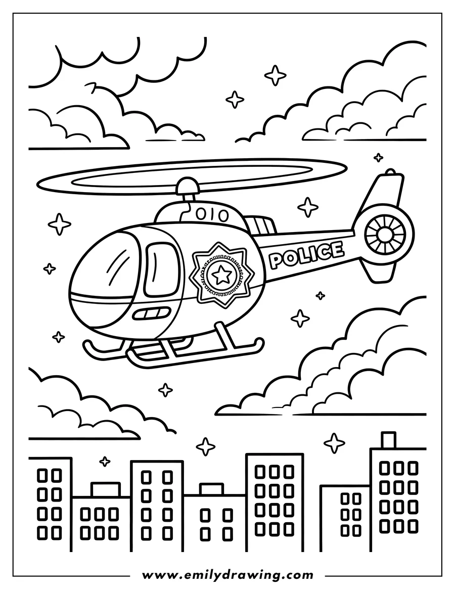 Outline of a police helicopter flying above a cityscape