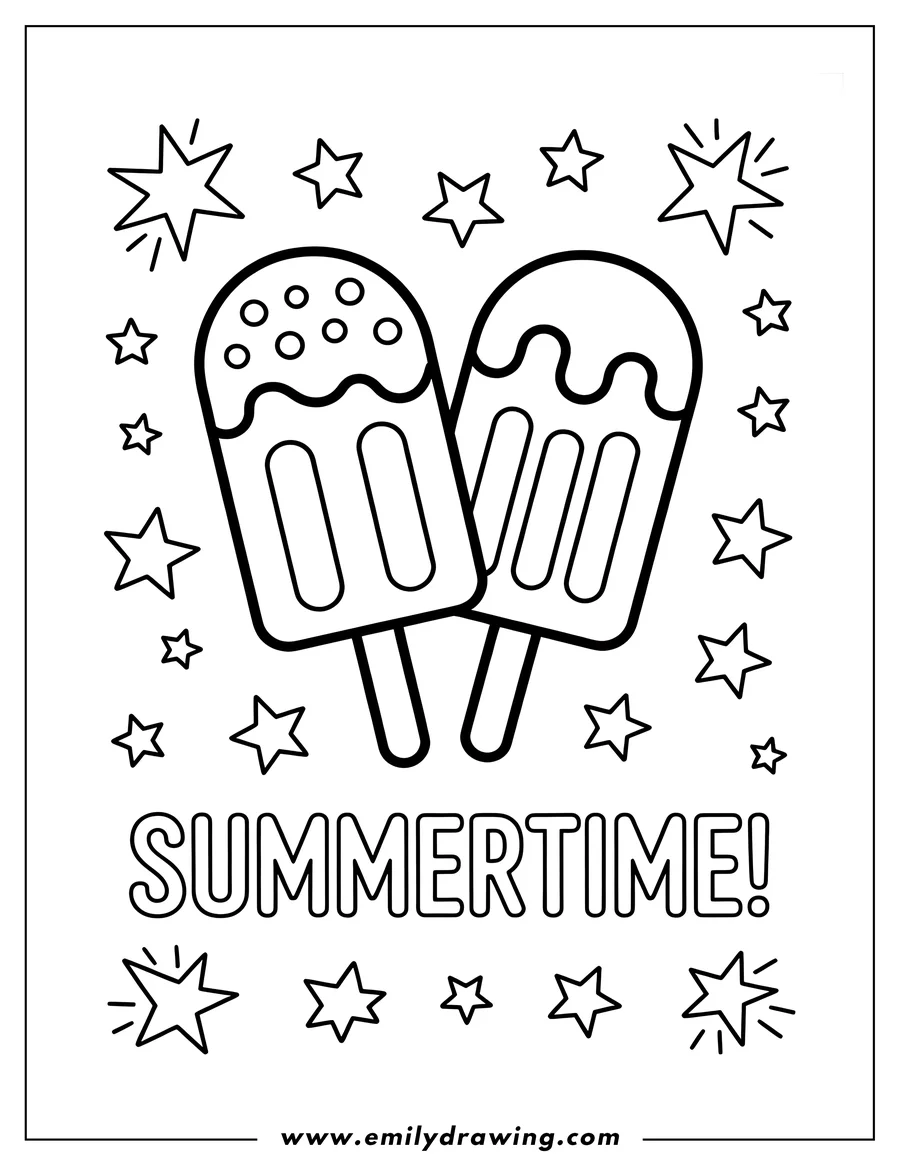 Outline of two popsicles with stars and the word