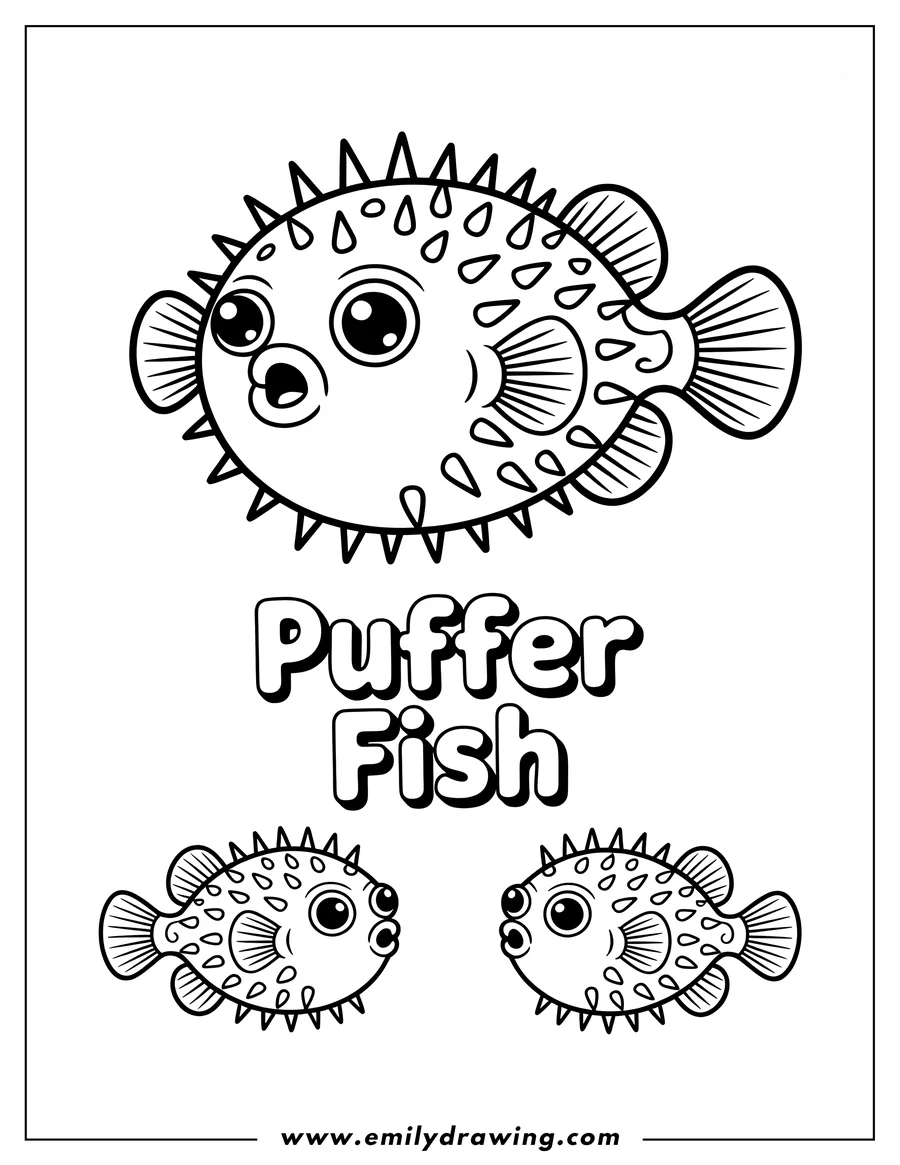 Outline of a surprised-looking porcupine fish swimming. Two smaller pufferfish are below it.