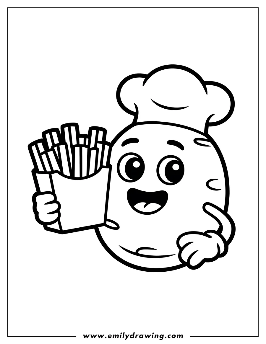Line art of a cheerful potato wearing a chef's hat and holding a container of French fries.