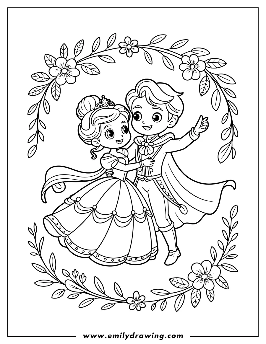 Outline of a prince and princess dancing, surrounded by a floral wreath.