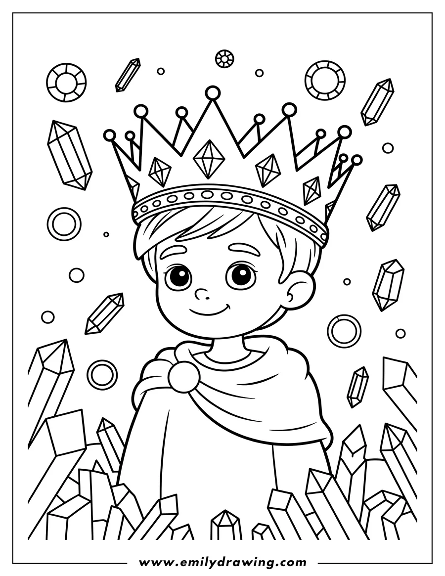 Line art of a young prince wearing a crown and cape, surrounded by crystals and jewels.