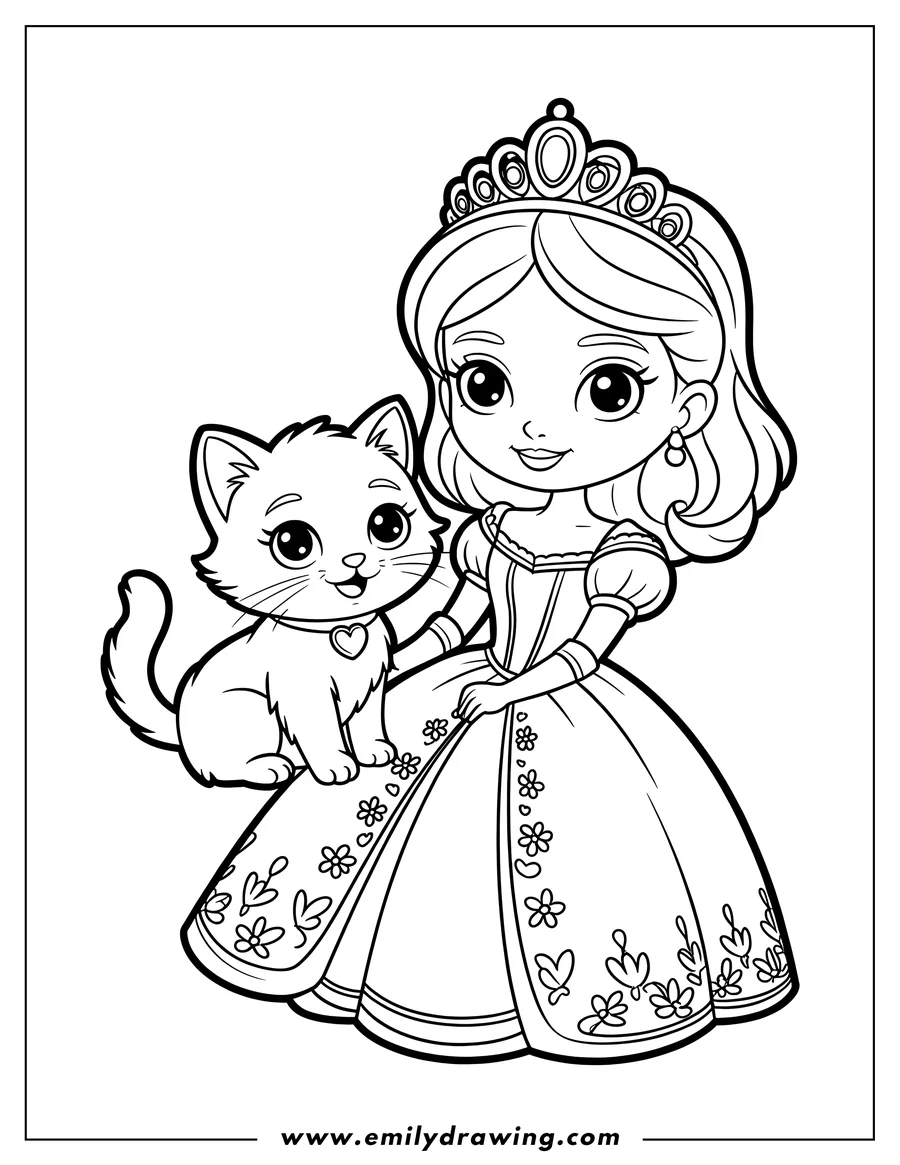 Outline of a princess in a long gown with floral details, holding a small cat wearing a heart-shaped necklace.