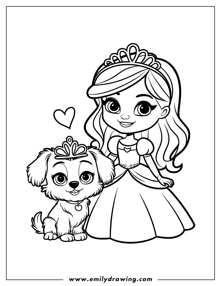 Line art of a princess and a small dog, both wearing tiaras.