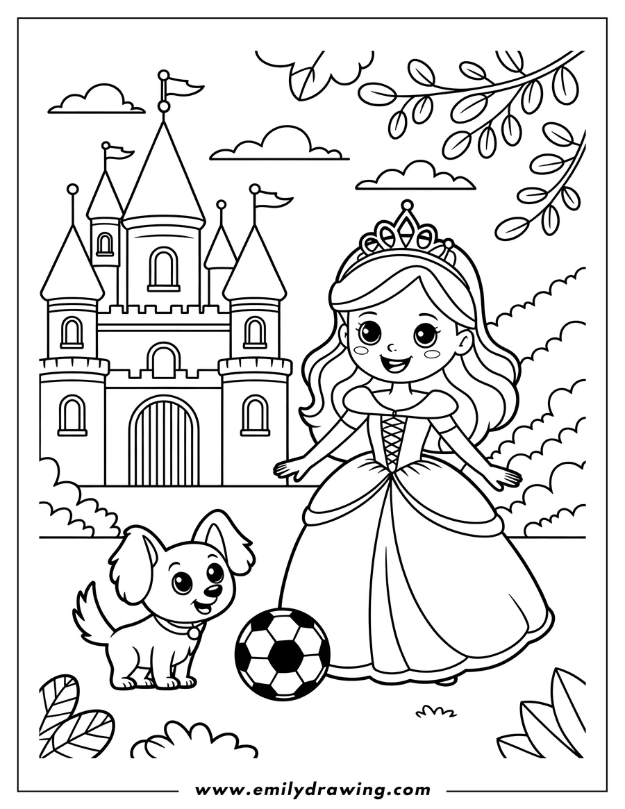 Line art of a princess in a long dress and tiara with a small dog near a large castle. A soccer ball rests near the princess's feet.