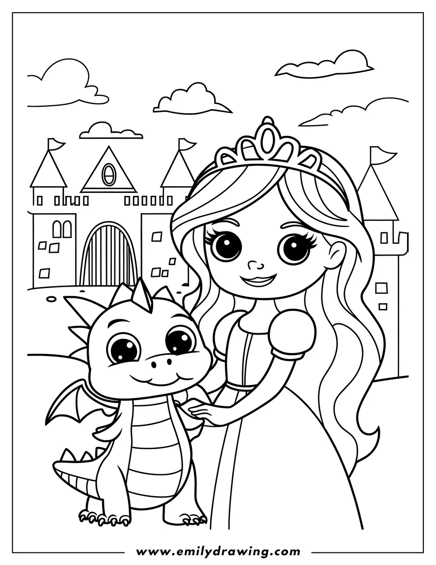 Line art of a princess with a tiara and long hair, petting her friendly dragon near her castle.