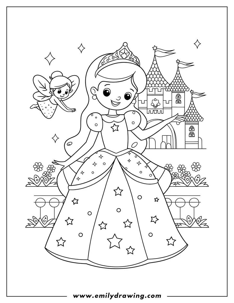 Line art of a princess and fairy near a castle. The princess wears a gown with stars and a crown, and the fairy flies near her.  Flowers and a decorative fence are in the foreground.