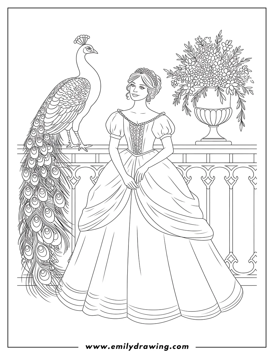 Line art of a princess in a long gown standing on a balcony with a peacock perched beside her. A vase of flowers rests on the balustrade.