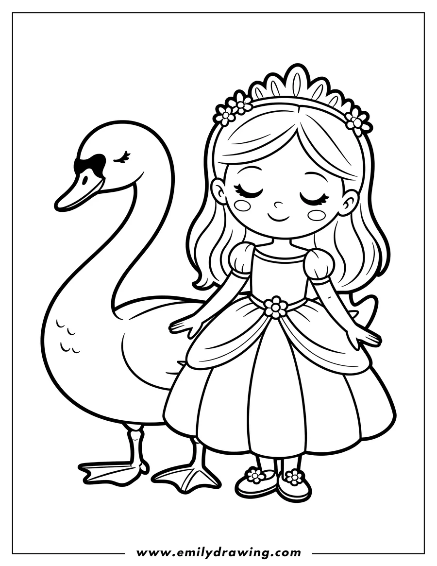 Line art of a princess with a flower crown standing next to a swan. Both appear calm and friendly.