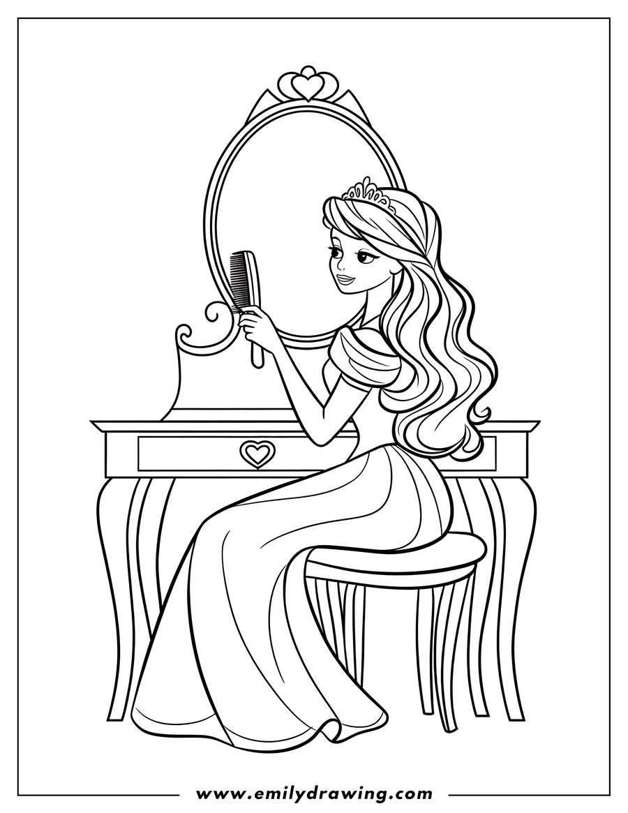 Line art of a princess with long hair, sitting at her vanity table and brushing her hair. She wears a tiara.