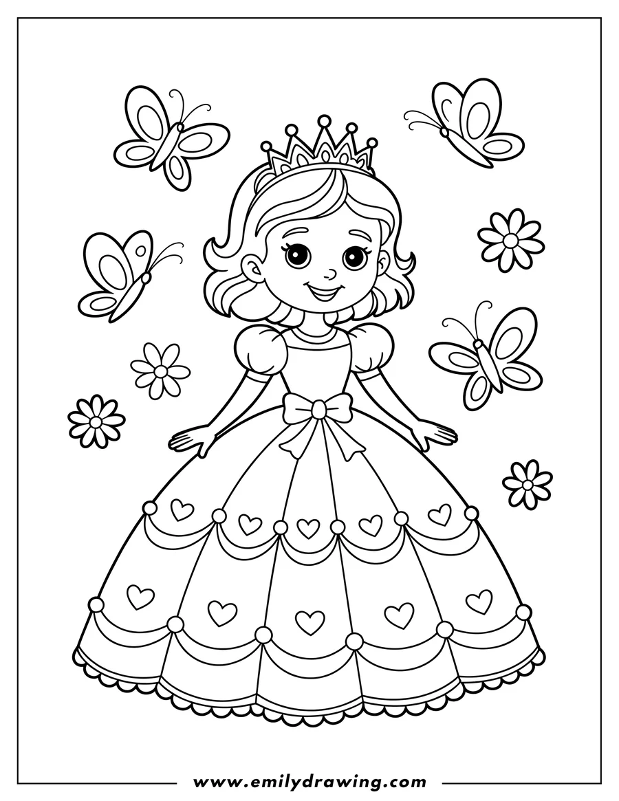 Line art of a princess in a gown with hearts, surrounded by butterflies and flowers.