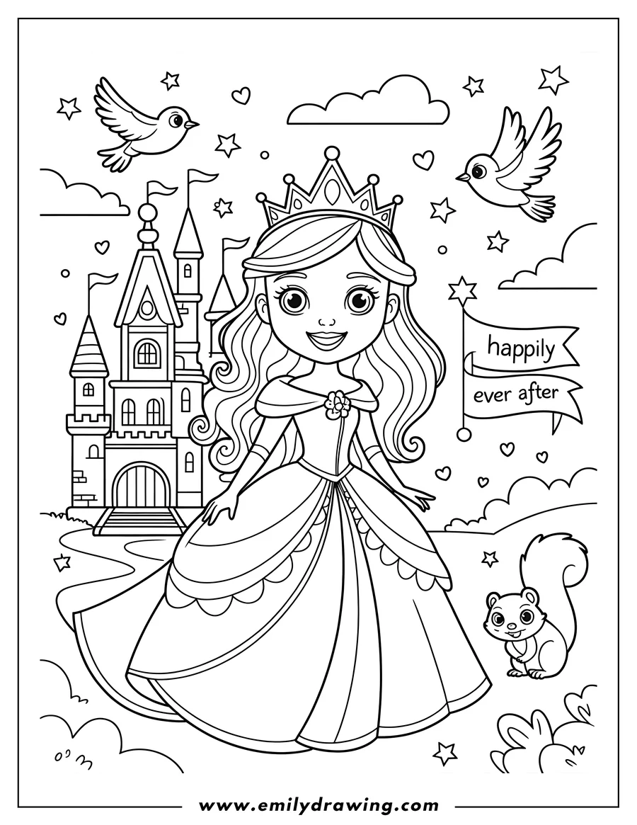 Line art of a princess in a long gown standing near her castle with birds, stars, and a squirrel.  A banner reads 