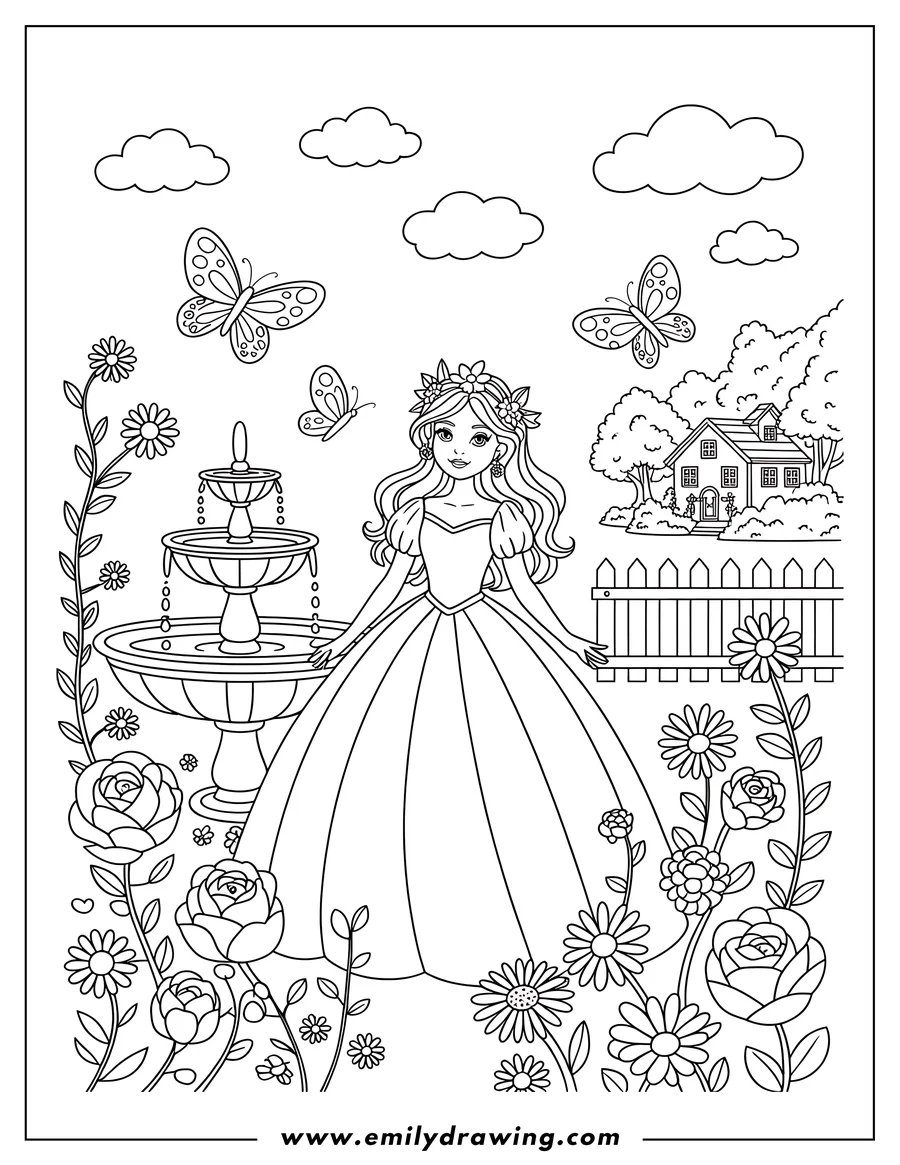 Outline of a princess standing by a fountain in a garden. Butterflies fly around her and a house is in the background.