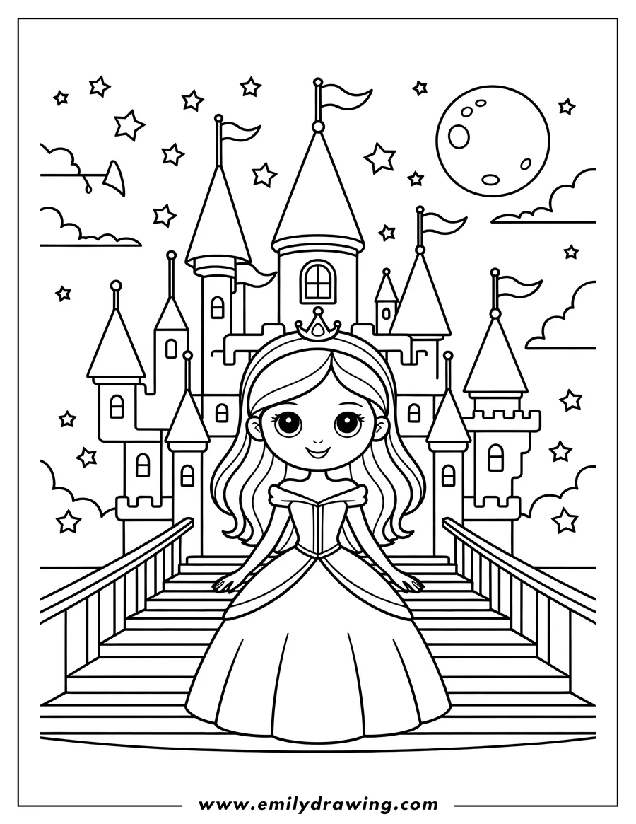 Outline of a princess in a long gown and tiara standing on the steps of her castle beneath a starry night sky and large moon.