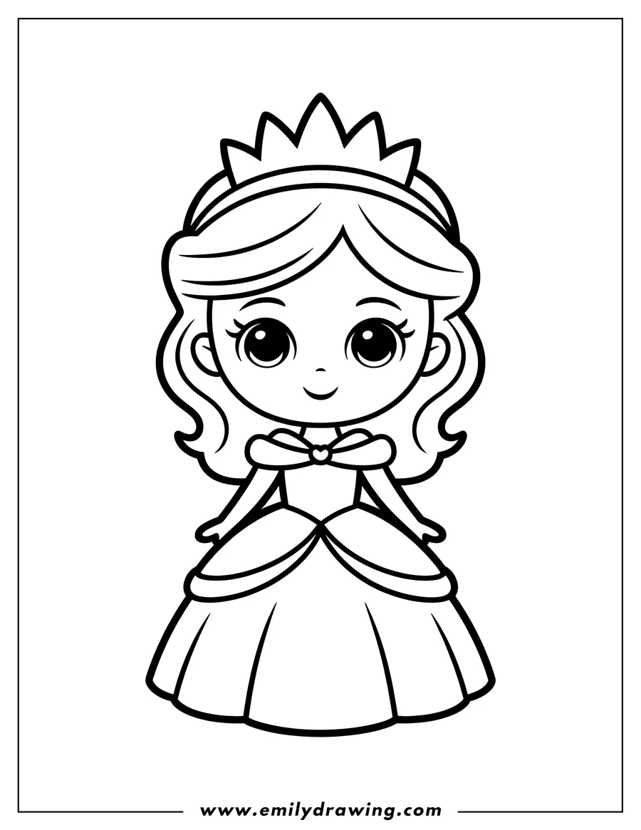 Outline of a princess wearing a crown and a ballgown.