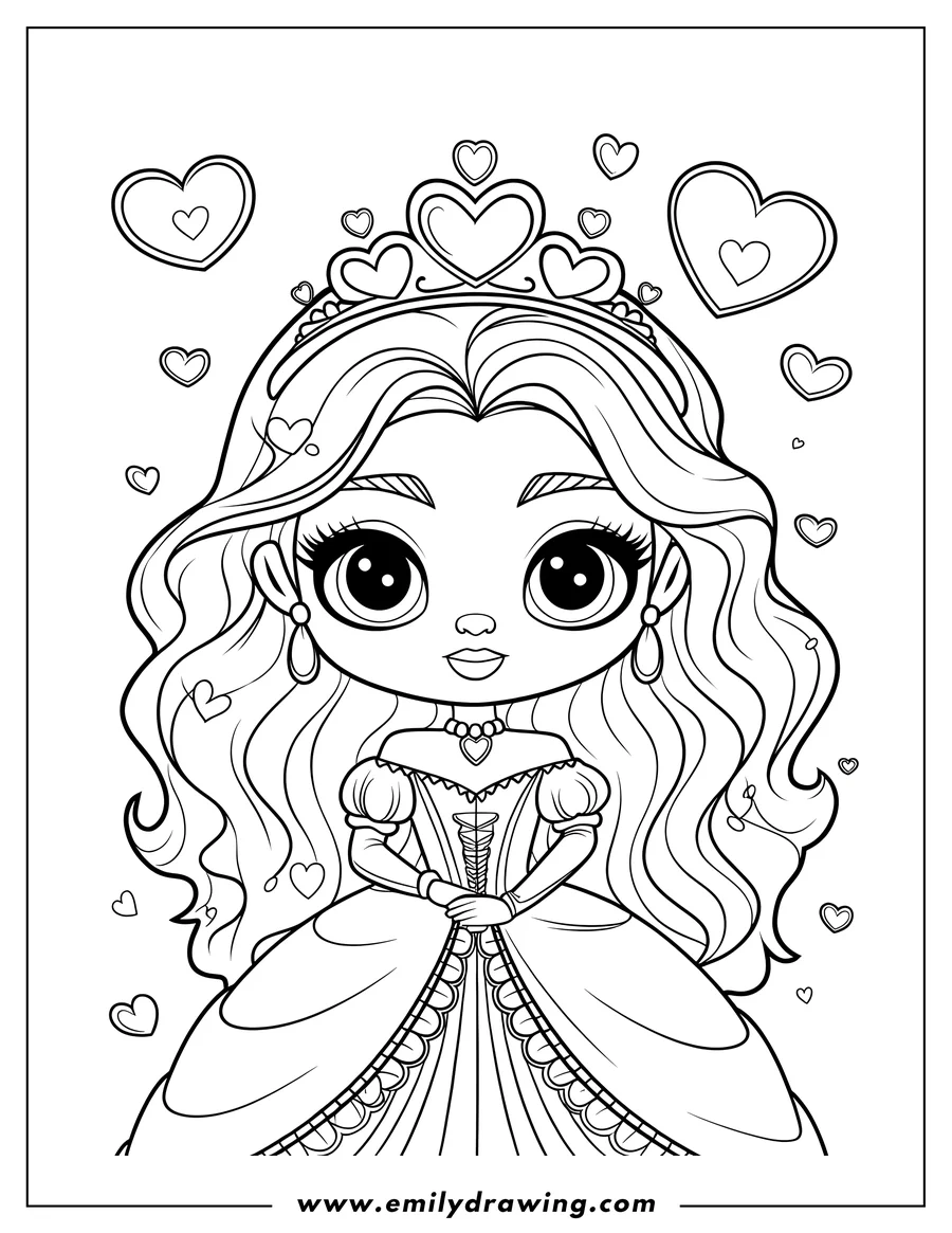 Line art of a princess wearing a crown of hearts and a long gown, surrounded by small hearts. Perfect for a Valentine's Day coloring project.