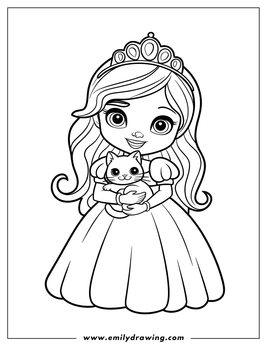 Outline of a princess holding a fluffy cat. She wears a tiara and gown.
