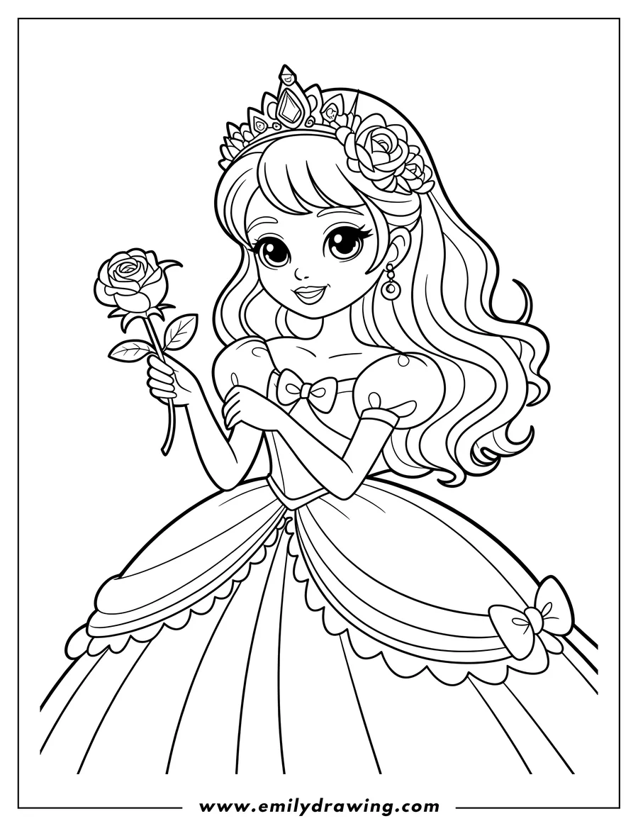 Line art of a princess holding a single rose. She wears a crown, a gown with bows, and has long, wavy hair.