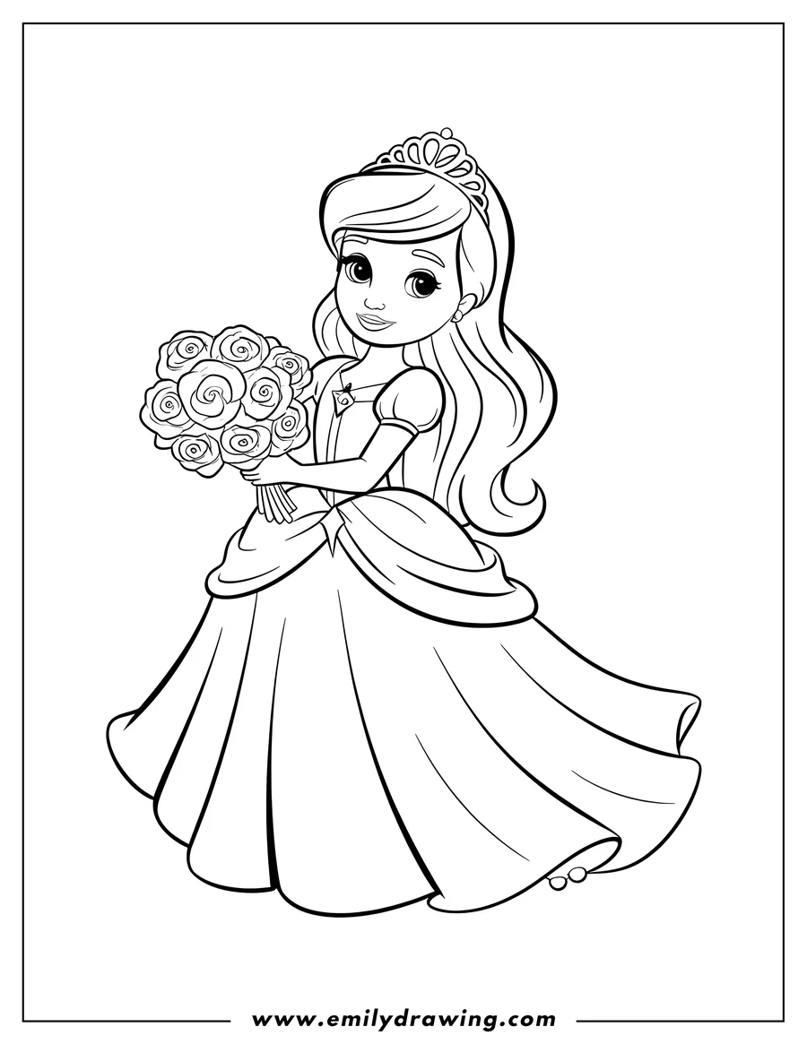Outline of a princess in a long gown and tiara, holding a bouquet of roses.