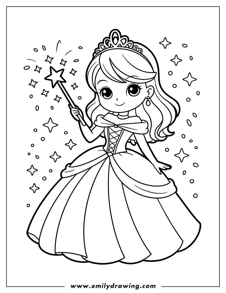 Outline of a princess in a gown, holding a star-shaped wand, surrounded by sparkles. She wears a tiara and earrings.