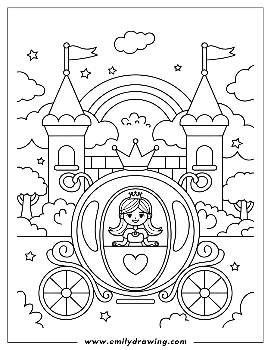 Line art of a princess sitting in a carriage in front of a castle, rainbow, and bushes. Perfect for fairytale fans!
