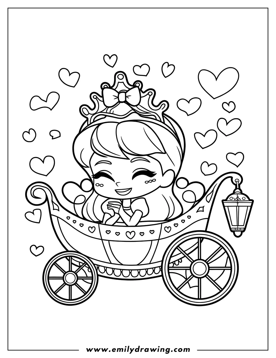 Outline of a princess sitting in an elegant carriage, surrounded by floating hearts. The carriage has large wheels and a lantern.