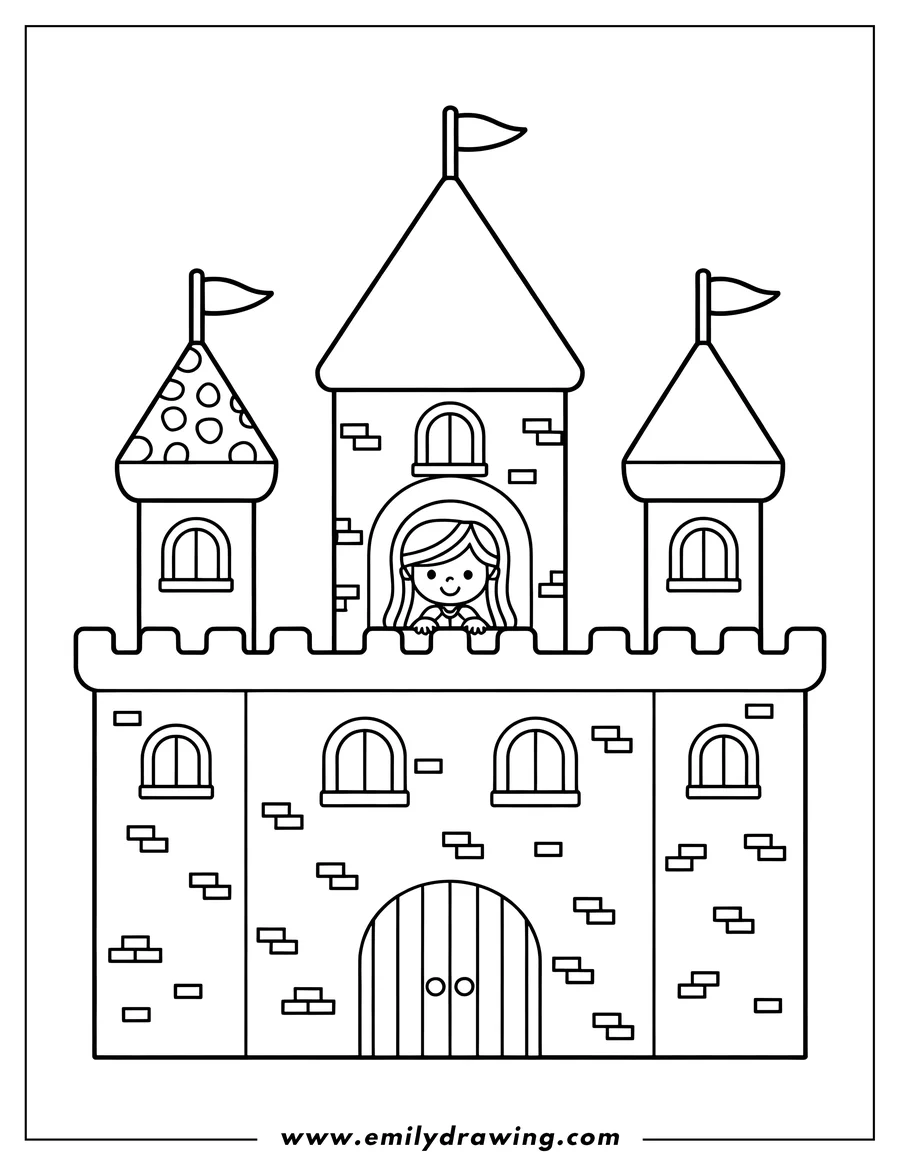 Line art of a princess waving from the window of her castle. The castle has three towers and flags.