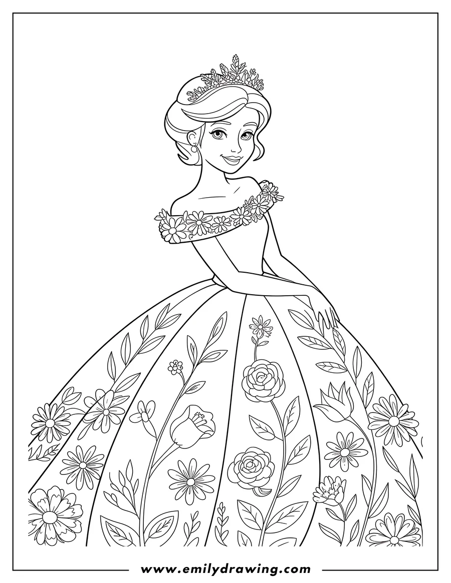 Outline of a princess wearing a dress decorated with flowers and leaves. She also has on a flower crown.
