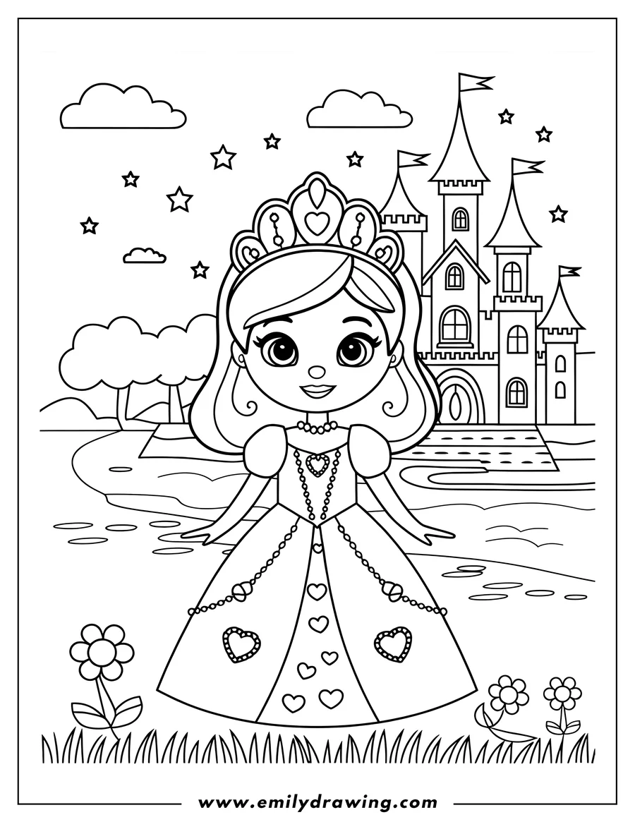 Outline of a princess wearing a crown and heart necklace, standing near her castle