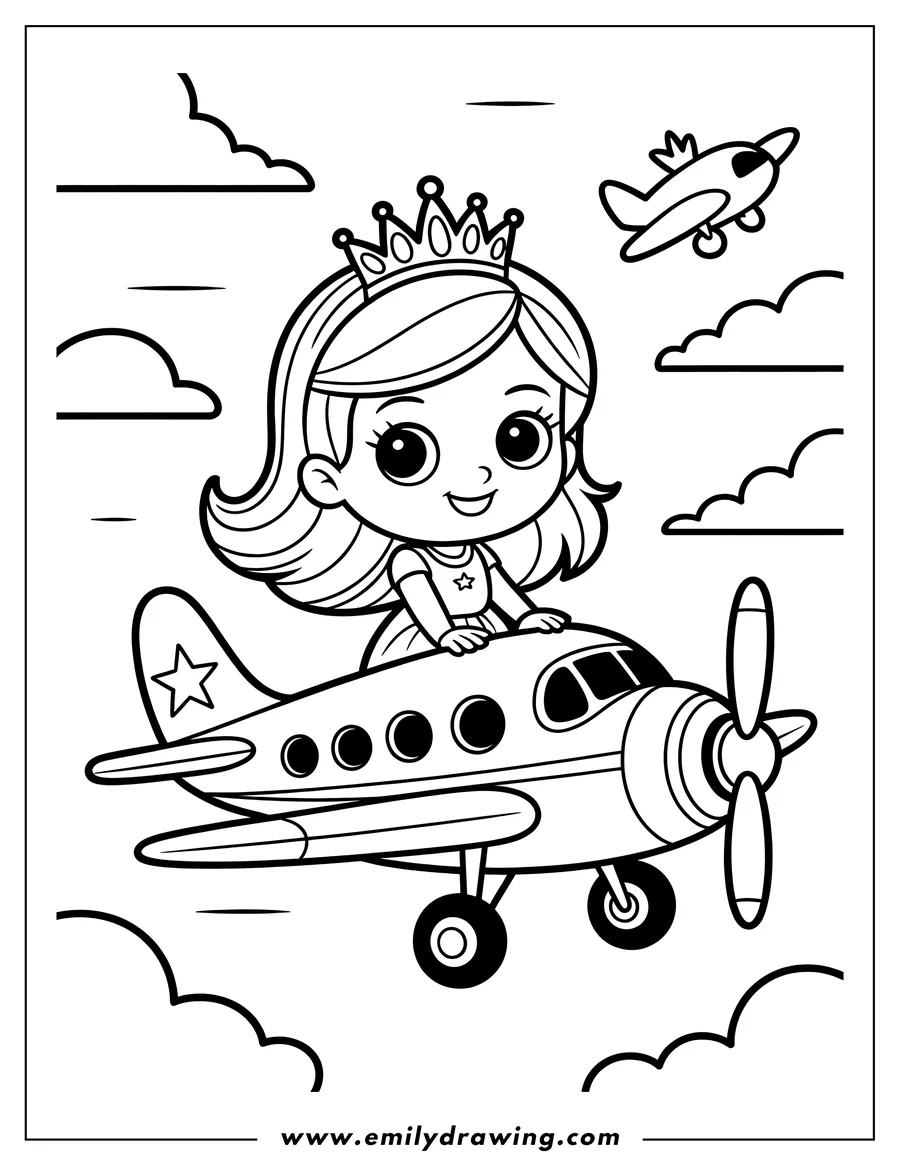 Line art of a princess wearing a crown and riding on a plane with clouds in the background.