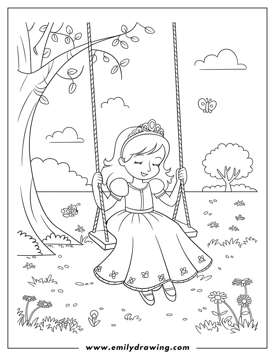 Outline of a princess with a crown swinging from a tree in a field of flowers, with butterflies flitting around.