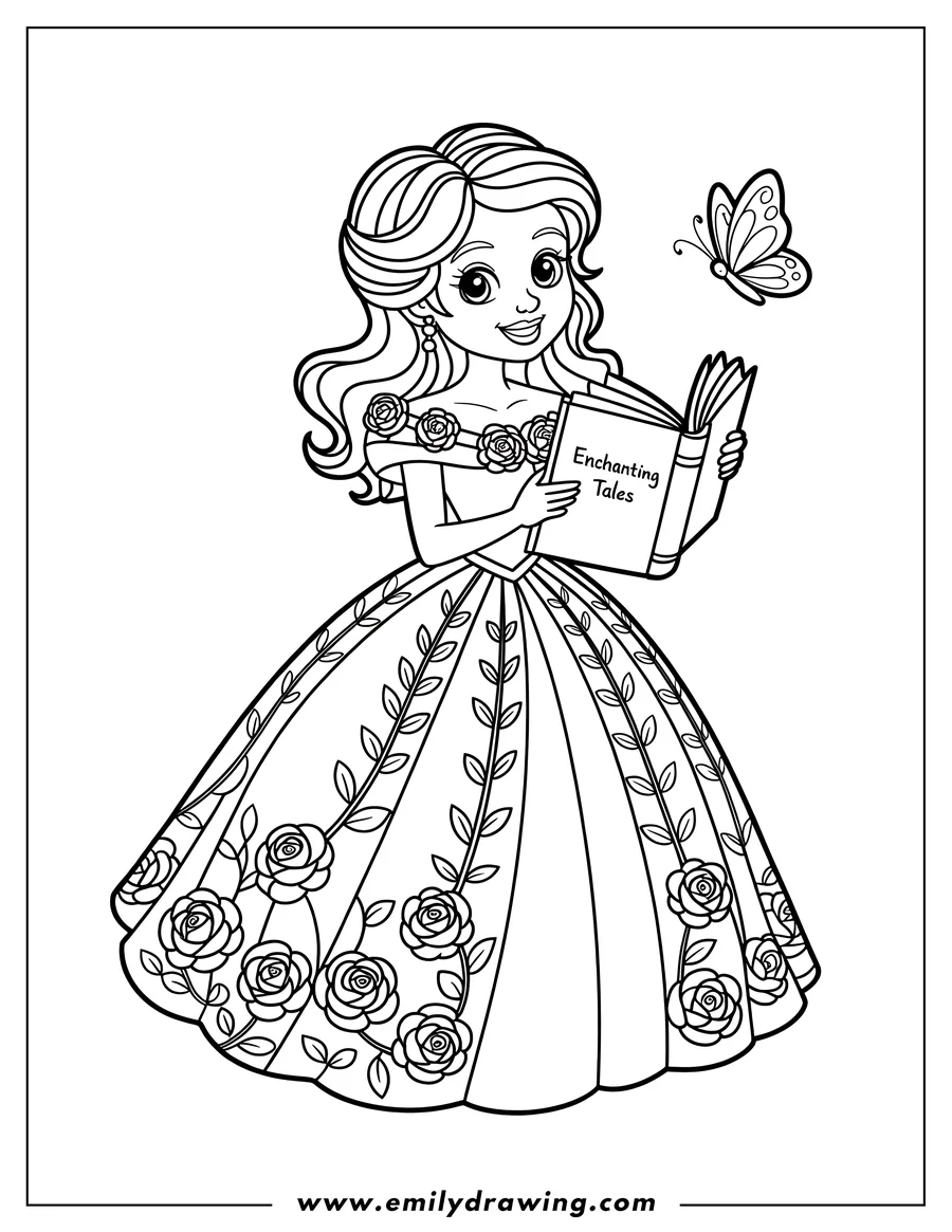 Line art of a princess in a long, flowing gown decorated with roses and leaves, holding an open book and looking at a butterfly.  She has long, wavy hair and is smiling.