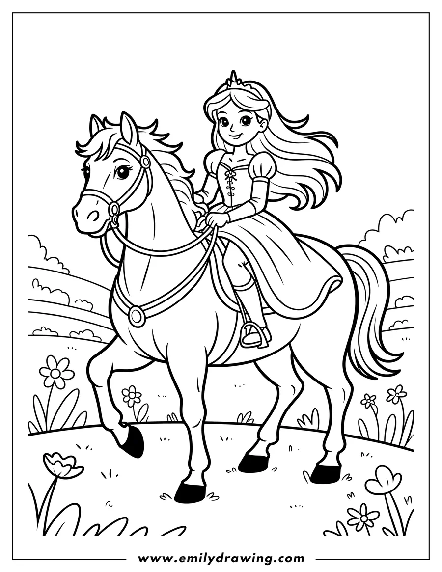Outline of a princess riding a horse in a field of flowers. She wears a gown and a crown, holding the reins gently.