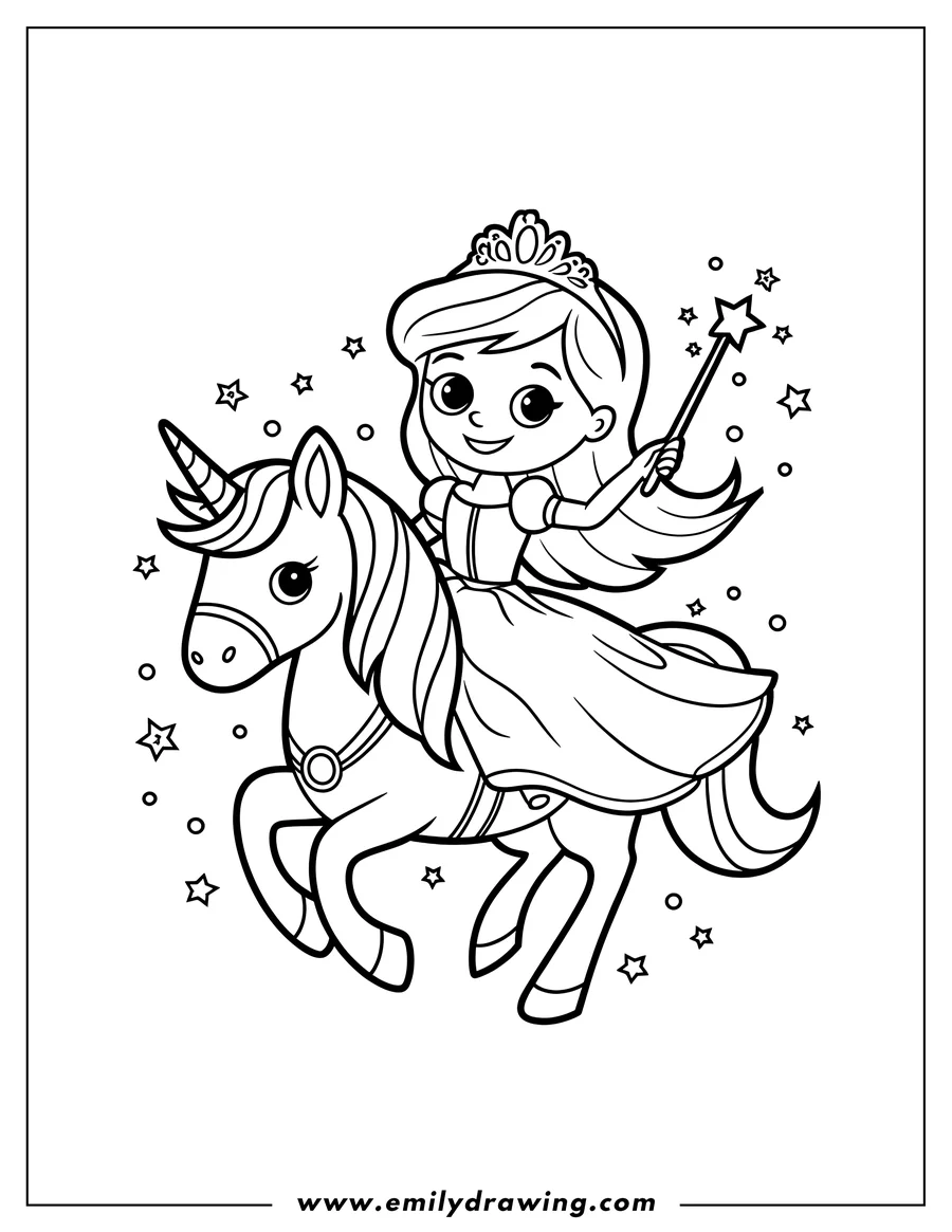 Line art of a princess riding a unicorn. She holds a magic wand and wears a crown. Stars decorate the background.