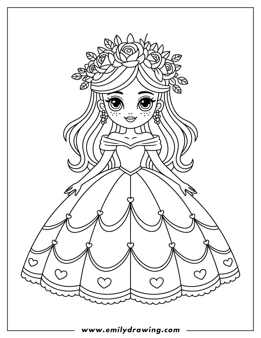 Outline of a princess wearing a large gown and a crown of roses.