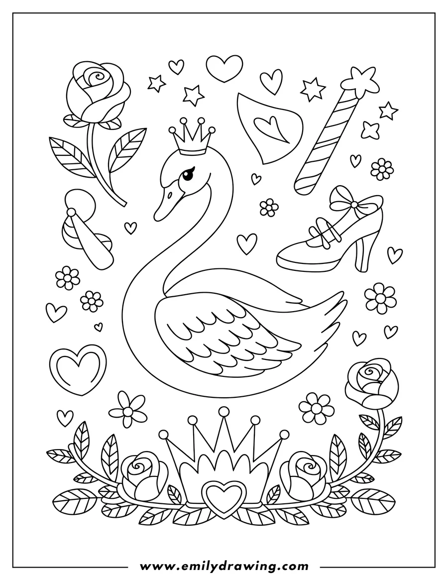 Line art of a swan wearing a crown, surrounded by roses, hearts, a magic wand, and a princess shoe.