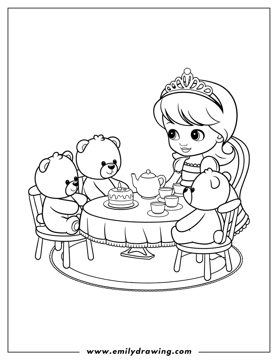 Outline of a princess having a tea party with her teddy bears. They sit around a small table with a cake, teapot, and teacups.