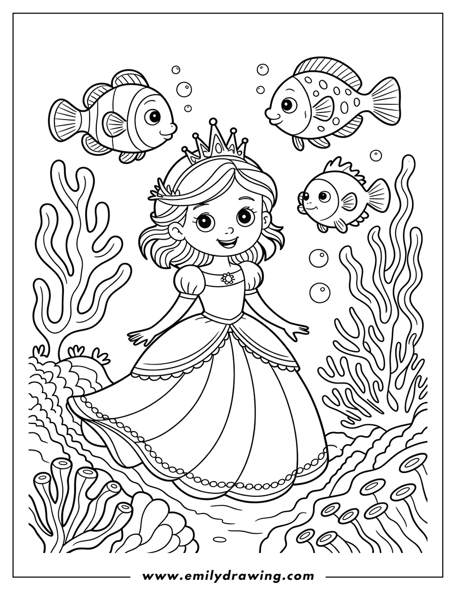 Outline of a princess underwater with three small fish and seaweed or coral around her.