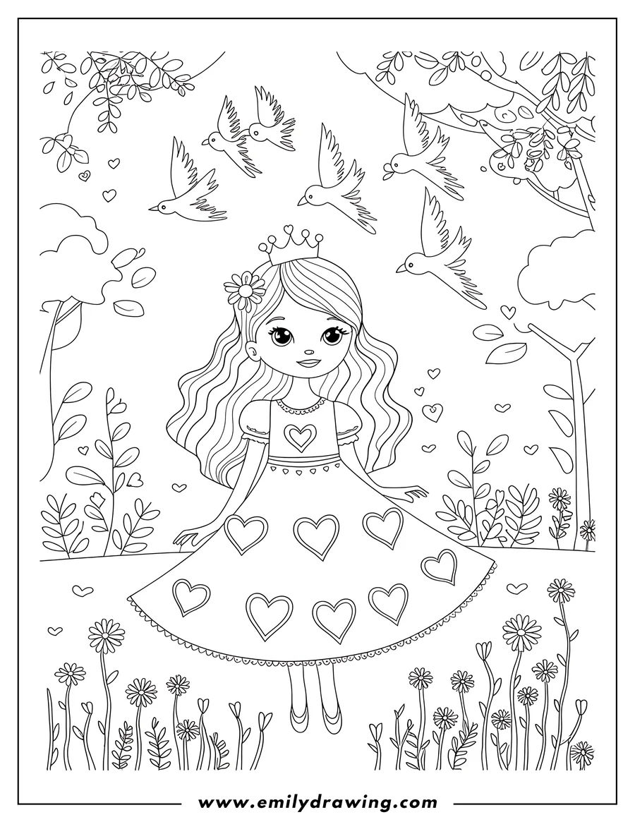 Line art of a princess wearing a crown and heart-decorated dress, standing in a garden with birds flying overhead.