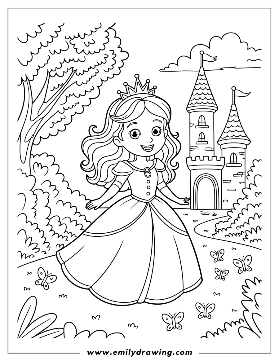 Line art of a princess in a long gown with butterflies fluttering around her. She is wearing a crown and her dress flows elegantly. In the background, a castle is visible.