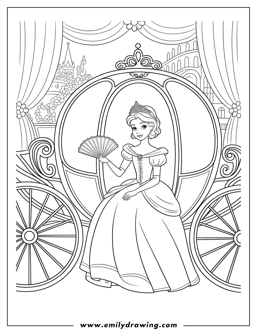Outline of a princess sitting in an ornate carriage, holding a hand fan. She wears a crown and a long, flowing gown.