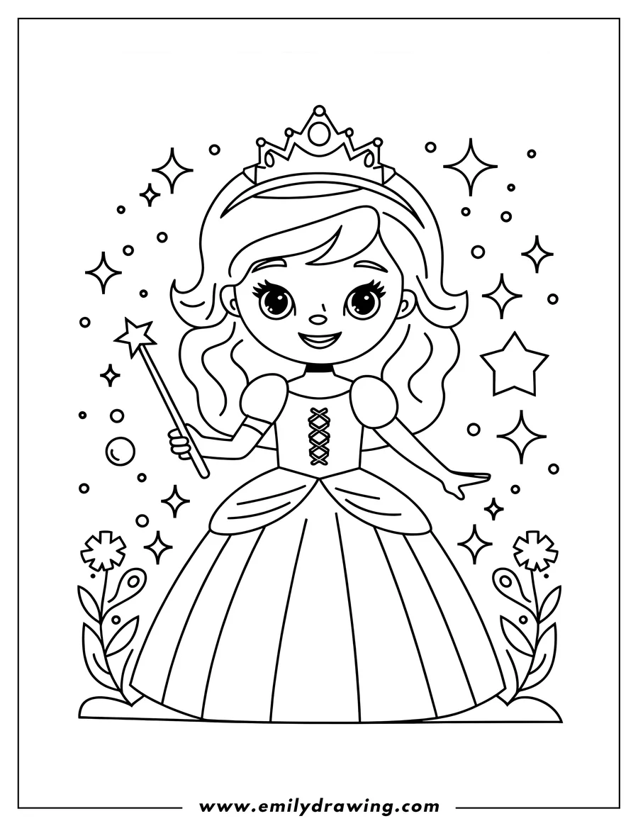 Outline of a princess holding a magic wand, wearing a crown and a long dress, surrounded by sparkles and stylized flowers.