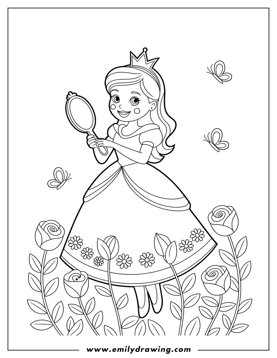 Line art of a princess holding a hand mirror, surrounded by roses and butterflies.