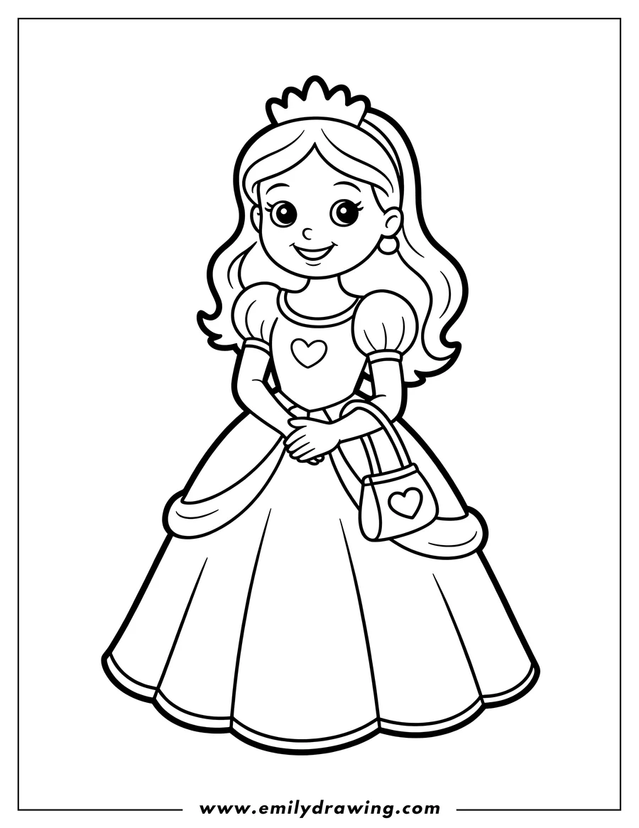 Line art of a princess holding a purse. She wears a crown and a long dress.