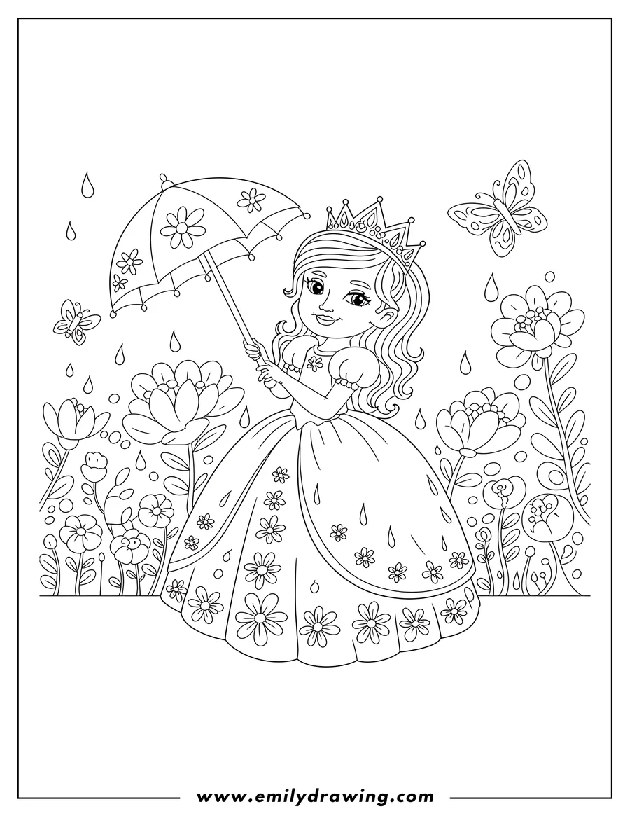 Outline of a princess holding an umbrella in a garden.  Raindrops and butterflies surround her. Her dress is decorated with flowers.