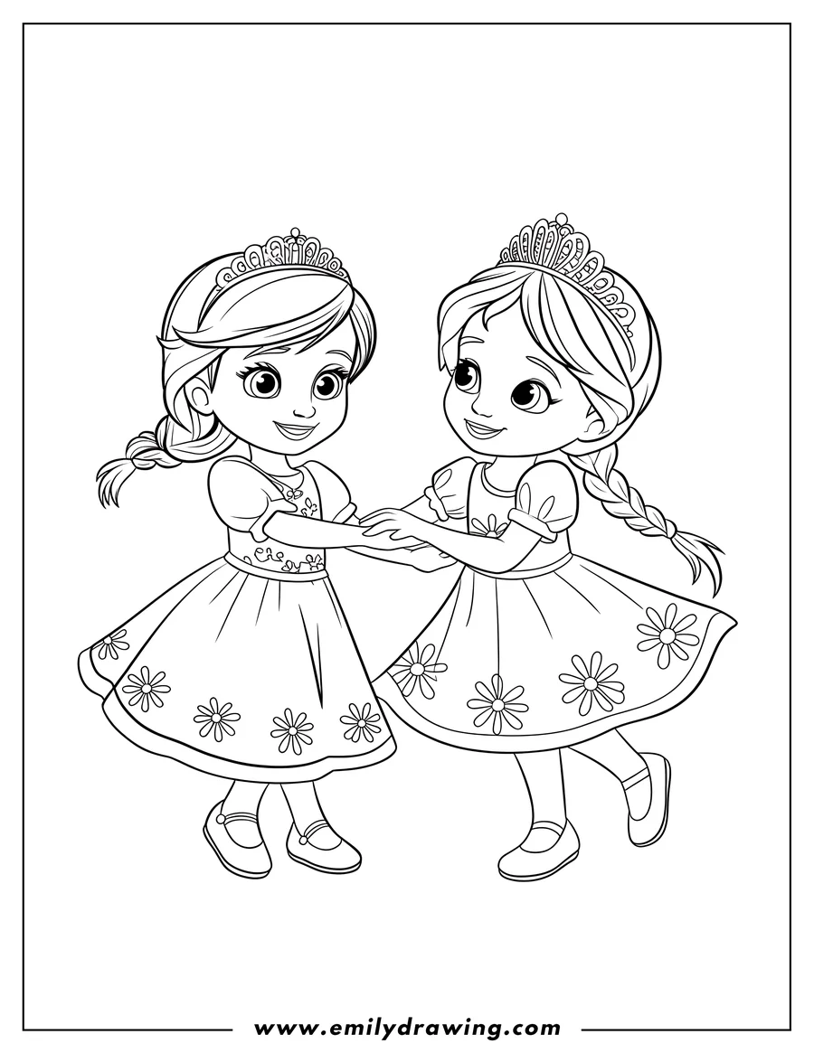 Two princesses holding hands, both wearing crowns and dresses with flower decorations.