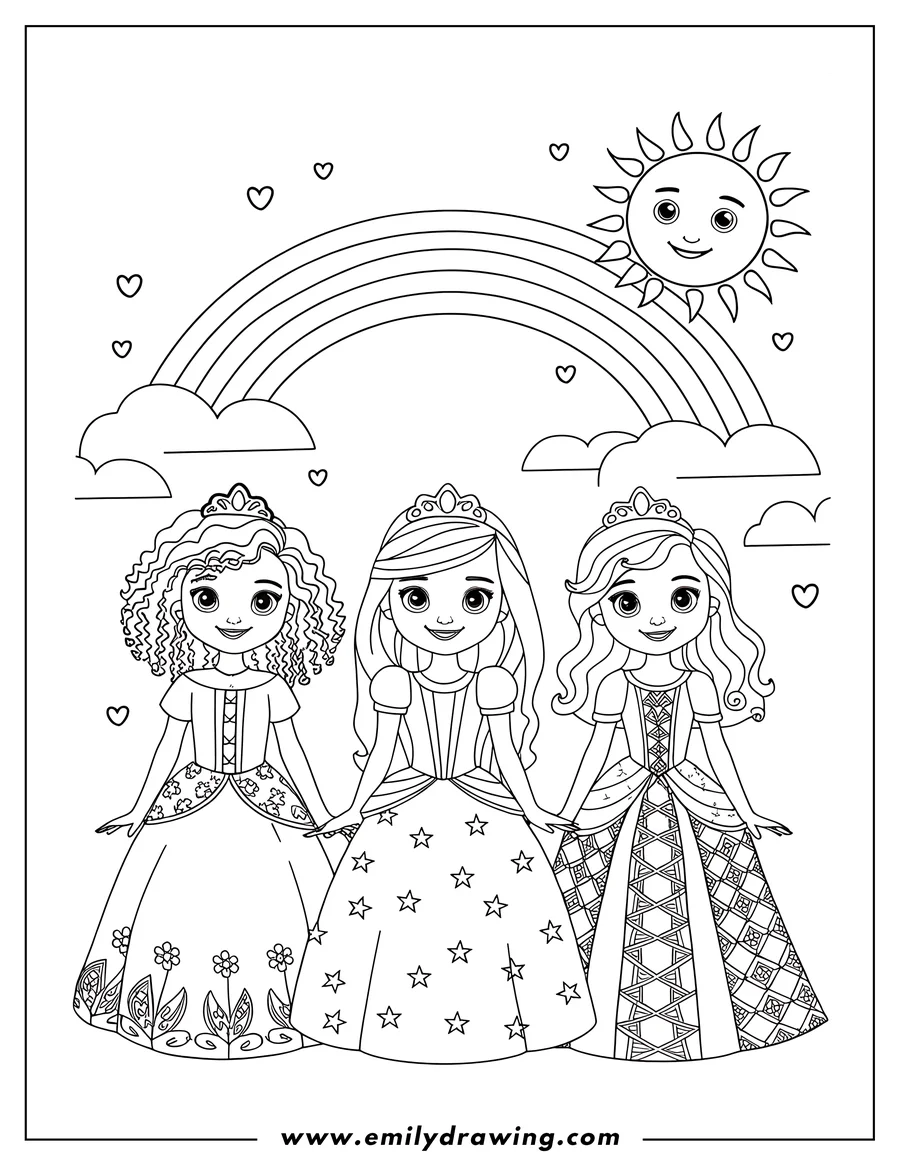Three princesses stand beneath a rainbow and smiling sun. Each princess wears a unique gown and a small crown.