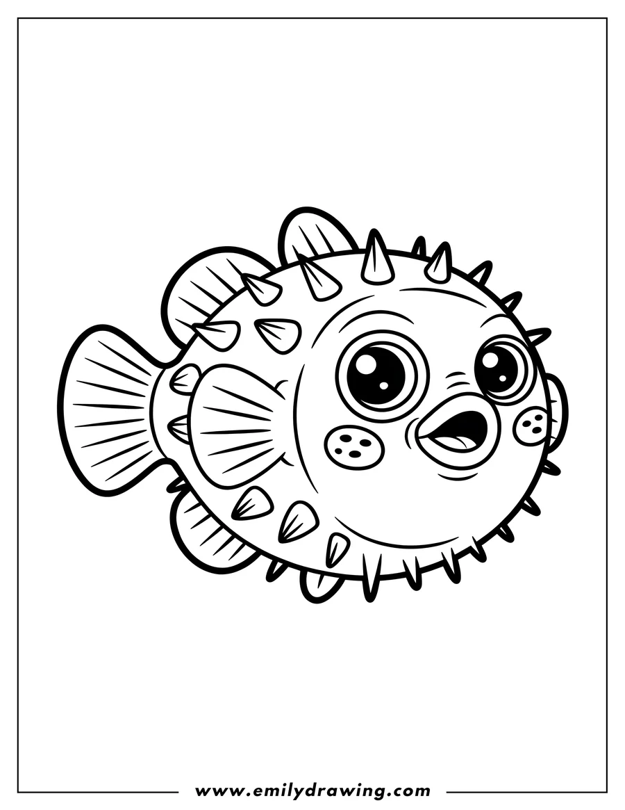 Outline of a pufferfish swimming. It has large, round eyes and a surprised expression.