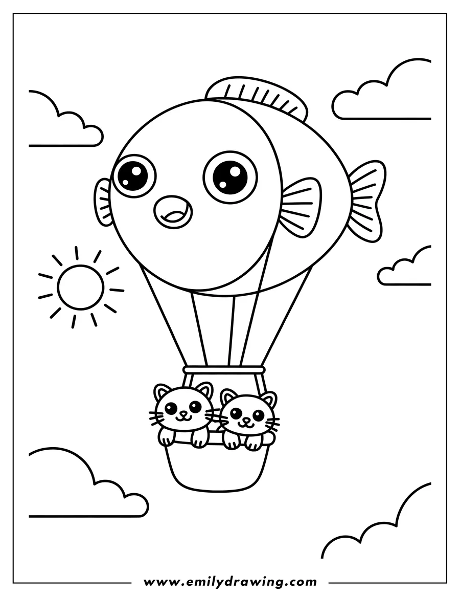 Outline of two cats riding in a hot air balloon shaped like a pufferfish, with clouds and sun in the background.
